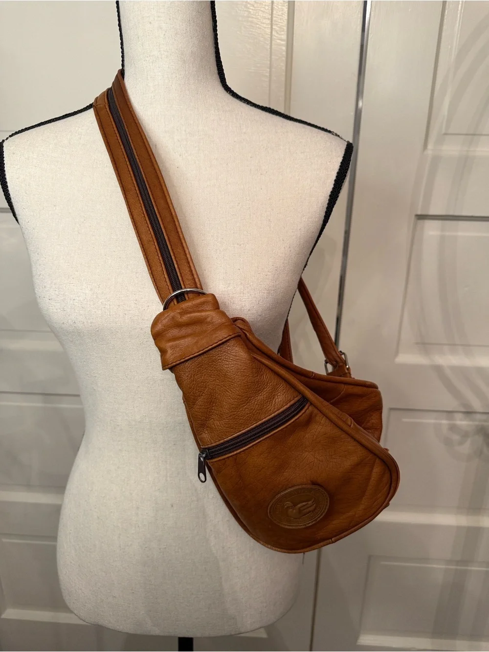Gold Duck Soft Leather Convertible Backpack Crossbody Sling Bag Cognac Brown